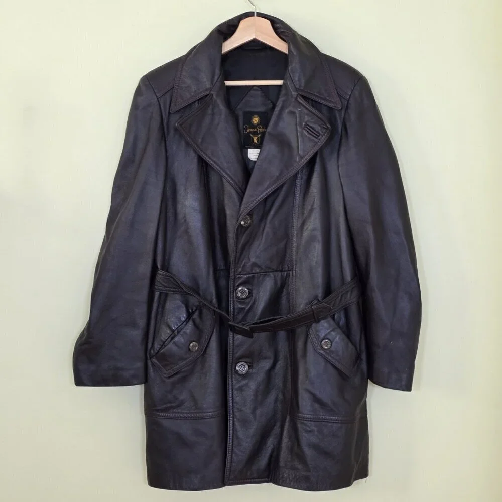 VTG Jeno De Paris Leather Coat Mens 40 Brown Mid Length LS Lined  Buttons FLAW